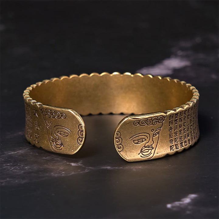 Brazalete de cobre y latón con diseño de flor de loto, paz, iluminación y sutra del corazón de Buddha Stones