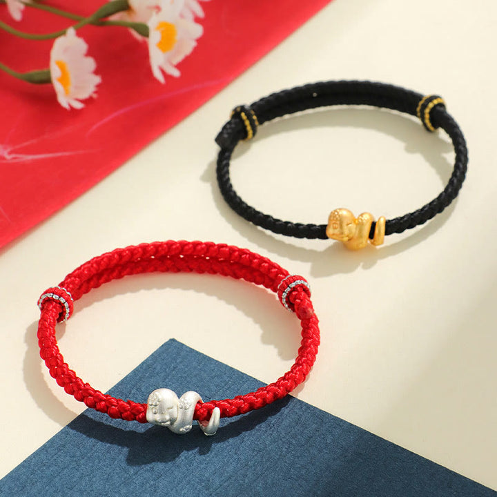 Pulsera trenzada de hilo rojo con el año de la serpiente en plata de ley 999 hecha a mano con Buddha Stones