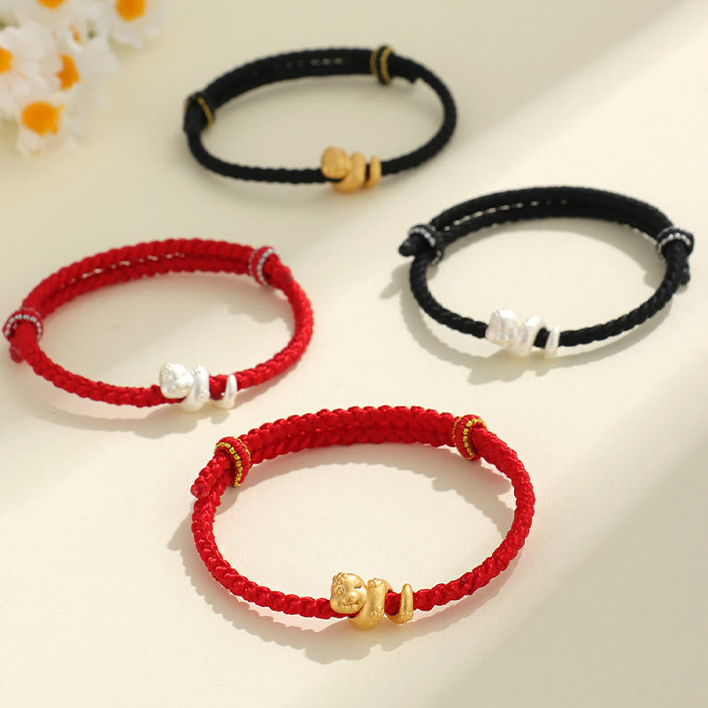 Pulsera trenzada de hilo rojo con el año de la serpiente en plata de ley 999 hecha a mano con Buddha Stones