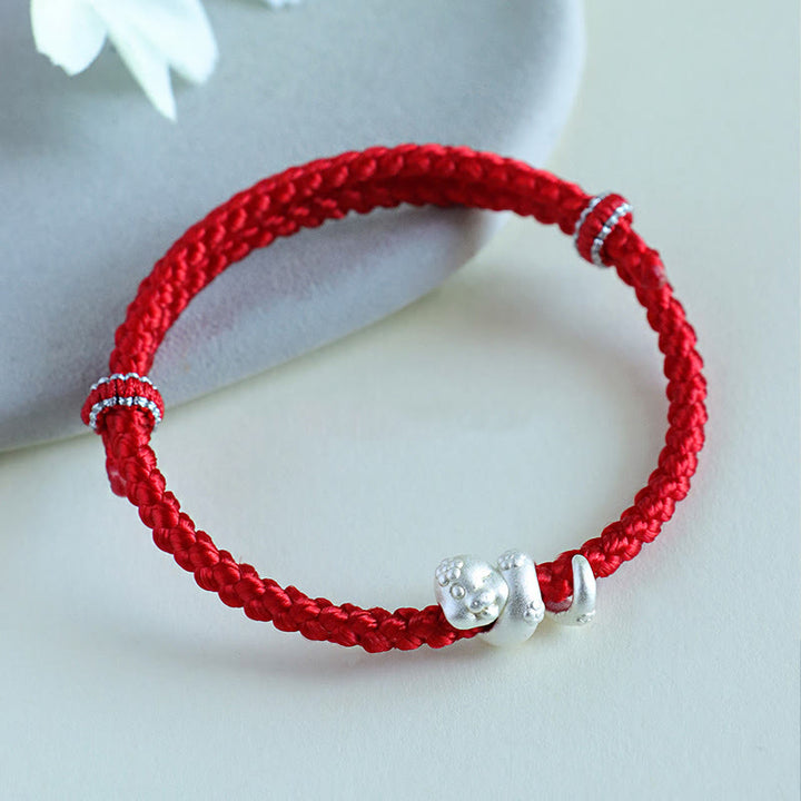 Pulsera trenzada de hilo rojo con el año de la serpiente en plata de ley 999 hecha a mano con Buddha Stones