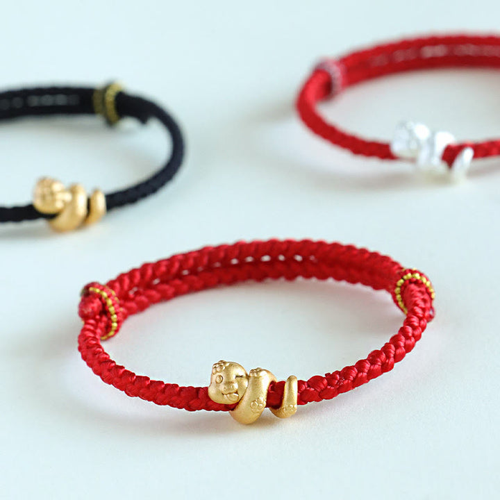 Pulsera trenzada de hilo rojo con el año de la serpiente en plata de ley 999 hecha a mano con Buddha Stones