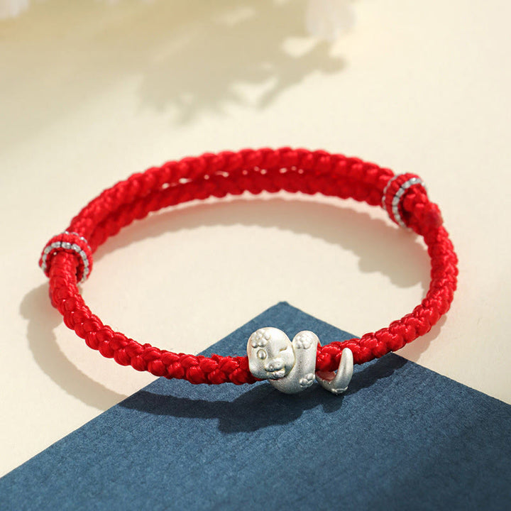 Pulsera trenzada de hilo rojo con el año de la serpiente en plata de ley 999 hecha a mano con Buddha Stones