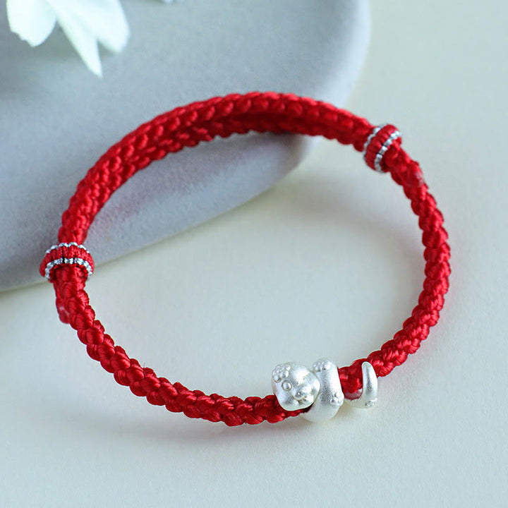 Pulsera trenzada de hilo rojo con el año de la serpiente en plata de ley 999 hecha a mano con Buddha Stones