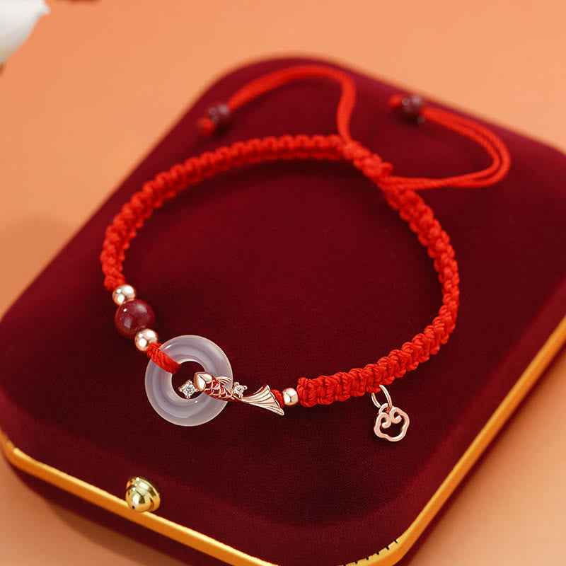 Pulsera de pareja positiva con cadena trenzada de plata de ley 925 con hebilla de paz de calcedonia hecha a mano y piedras de Buddha Stones - Mujer - Calcedonia 925 Plata Esterlina Oro Rosa Pez Koi Rojo (Diámetro: 12,5 cm) - image 0