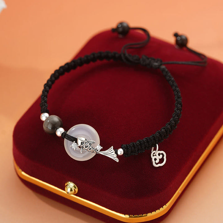 Pulsera de pareja positiva con cadena trenzada de plata de ley 925 con hebilla de paz de calcedonia hecha a mano y piedras de Buddha Stones - Pez Koi Negro en Calcedonia de Plata de Ley 925 para Hombre (Diámetro: 12,8 cm) - image 12
