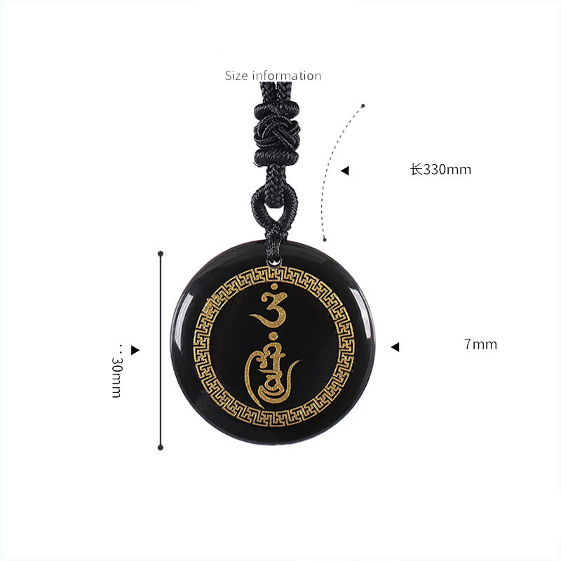Collar con colgante de obsidiana negra con diseño de esvástica y Buddha Stones, protección Vajra, mantra, varios cristales naturales