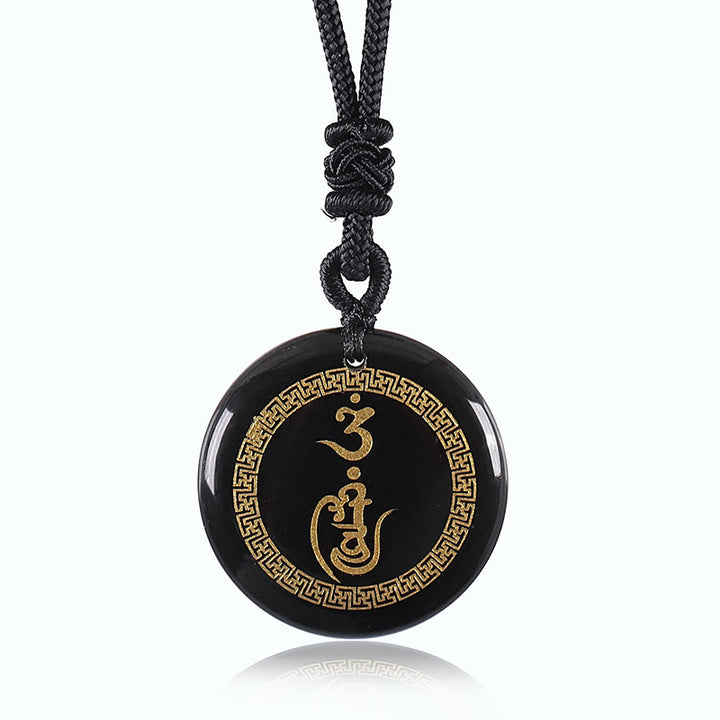 Collar con colgante de obsidiana negra con diseño de esvástica y Buddha Stones, protección Vajra, mantra, varios cristales naturales