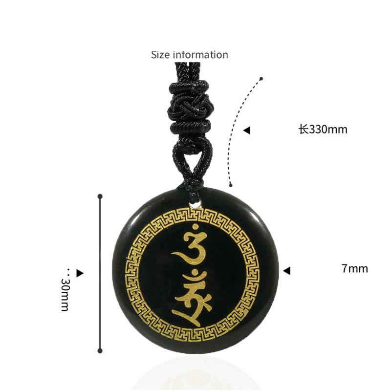 Collar con colgante de obsidiana negra natural de varios cristales y Buddha Stones que rodean un mantra de protección y cumplimiento. - image 1