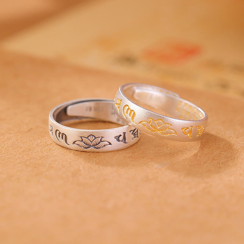 Anillo de iluminación ajustable con seis palabras verdaderas "Om Mani Padme Hum" y loto en plata de ley 999 con Buddha Stones - image 0