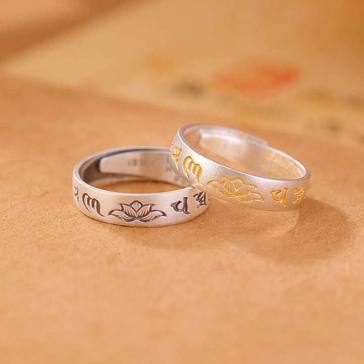 Anillo de iluminación ajustable con seis palabras verdaderas "Om Mani Padme Hum" y loto en plata de ley 999 con Buddha Stones - image 0