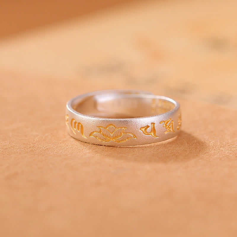 Anillo de iluminación ajustable con seis palabras verdaderas "Om Mani Padme Hum" y loto en plata de ley 999 con Buddha Stones