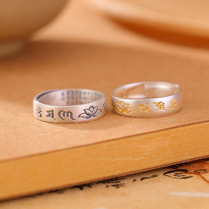 Anillo de iluminación ajustable con seis palabras verdaderas "Om Mani Padme Hum" y loto en plata de ley 999 con Buddha Stones - image 1