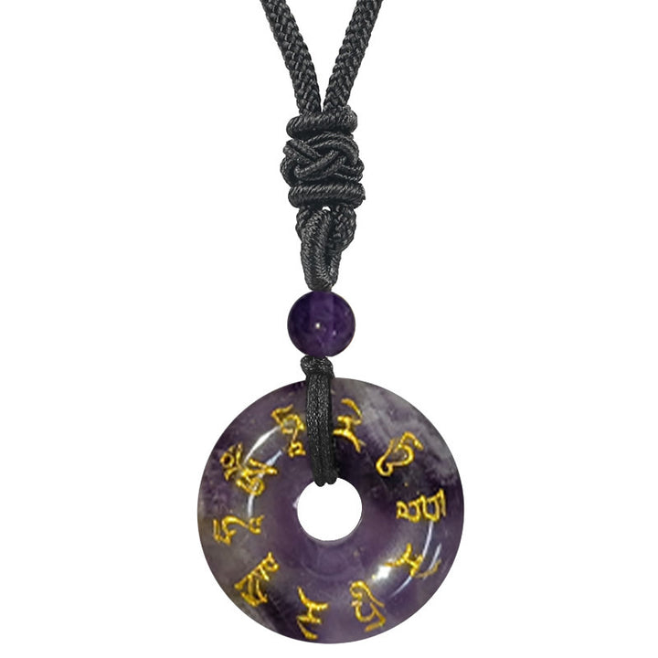 Collar con colgante de obsidiana negra con cristales naturales de varios tipos y Buddha Stones con mantra de Tara verde - Amatista - image 16