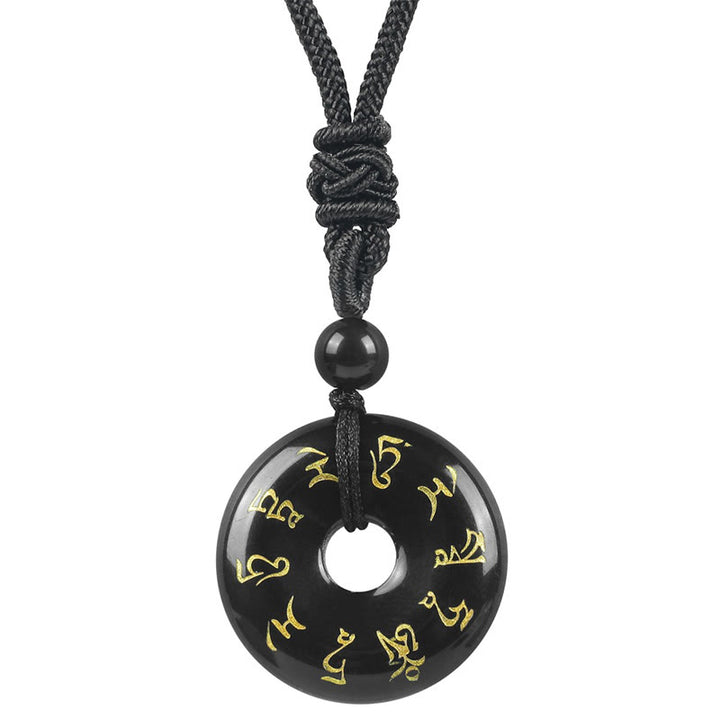 Collar con colgante de obsidiana negra con cristales naturales de varios tipos y Buddha Stones con mantra de Tara verde - Obsidiana negra - image 1