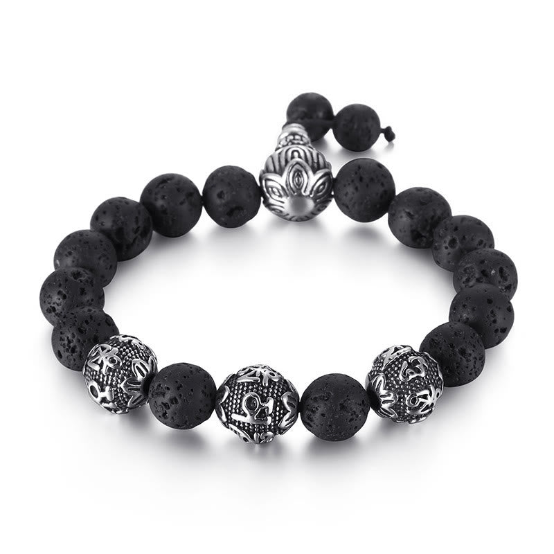 Pulsera de protección Om Mani Padme Hum de seis palabras verdaderas con Buddha Stones, ojo de tigre natural, roca de lava, obsidiana negra y acero de titanio
