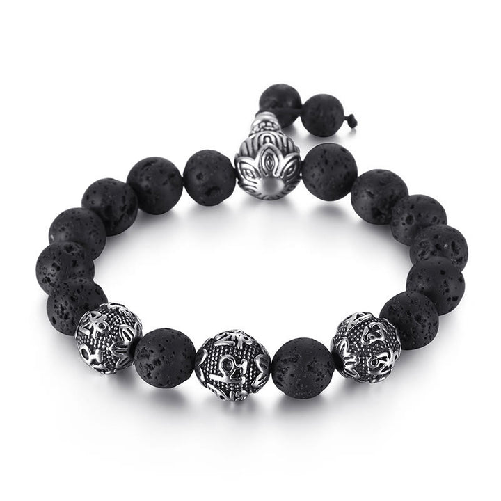 Pulsera de protección Om Mani Padme Hum de seis palabras verdaderas con Buddha Stones, ojo de tigre natural, roca de lava, obsidiana negra y acero de titanio