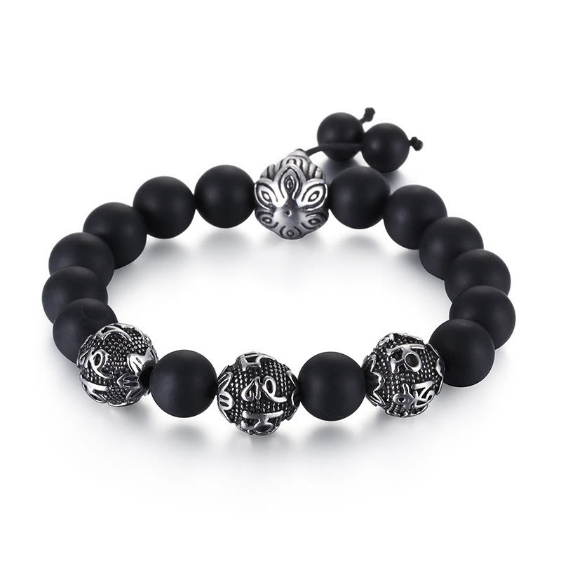 Pulsera de protección Om Mani Padme Hum de seis palabras verdaderas con Buddha Stones, ojo de tigre natural, roca de lava, obsidiana negra y acero de titanio