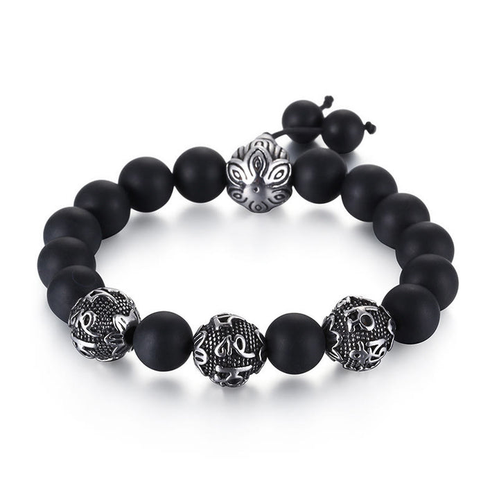 Pulsera de protección Om Mani Padme Hum de seis palabras verdaderas con Buddha Stones, ojo de tigre natural, roca de lava, obsidiana negra y acero de titanio