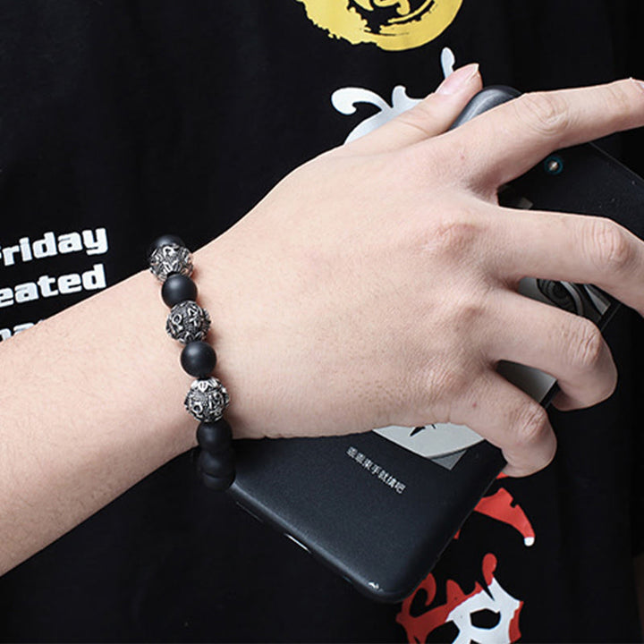 Pulsera de protección Om Mani Padme Hum de seis palabras verdaderas con Buddha Stones, ojo de tigre natural, roca de lava, obsidiana negra y acero de titanio