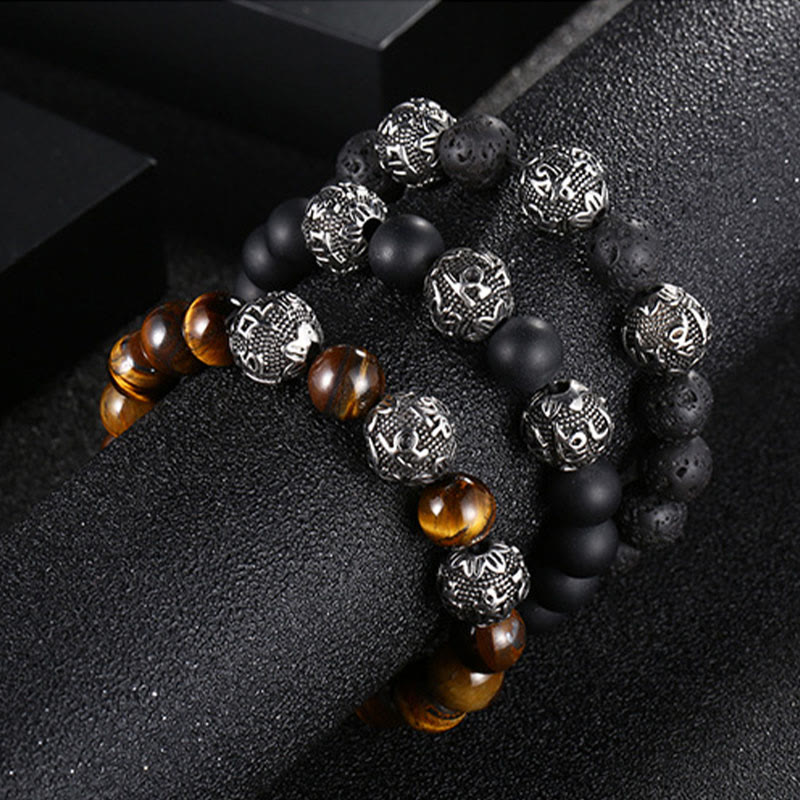 Pulsera de protección Om Mani Padme Hum de seis palabras verdaderas con Buddha Stones, ojo de tigre natural, roca de lava, obsidiana negra y acero de titanio