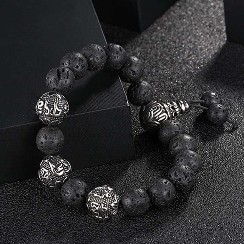 Pulsera de protección Om Mani Padme Hum de seis palabras verdaderas con Buddha Stones, ojo de tigre natural, roca de lava, obsidiana negra y acero de titanio