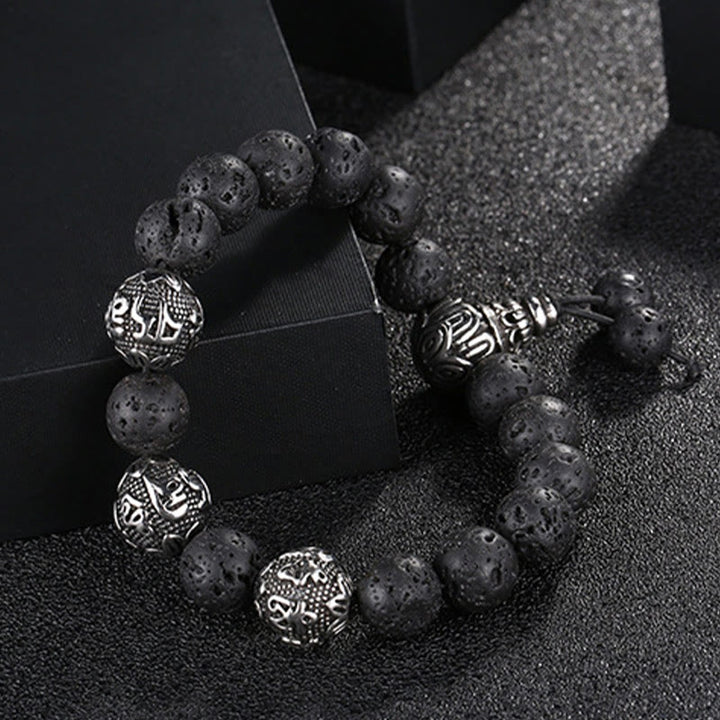 Pulsera de protección Om Mani Padme Hum de seis palabras verdaderas con Buddha Stones, ojo de tigre natural, roca de lava, obsidiana negra y acero de titanio