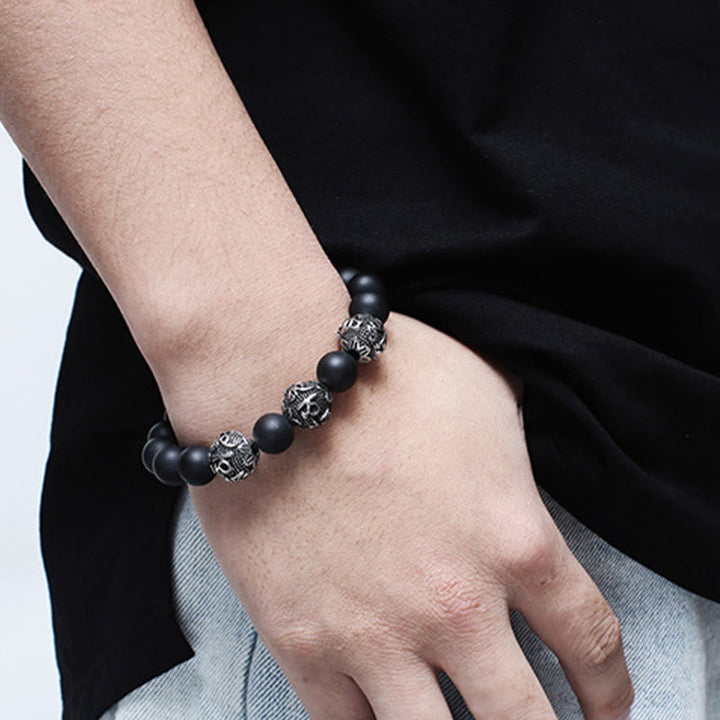 Pulsera de protección Om Mani Padme Hum de seis palabras verdaderas con Buddha Stones, ojo de tigre natural, roca de lava, obsidiana negra y acero de titanio