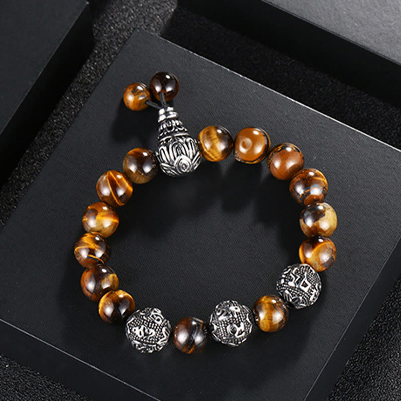 Pulsera de protección Om Mani Padme Hum de seis palabras verdaderas con Buddha Stones, ojo de tigre natural, roca de lava, obsidiana negra y acero de titanio