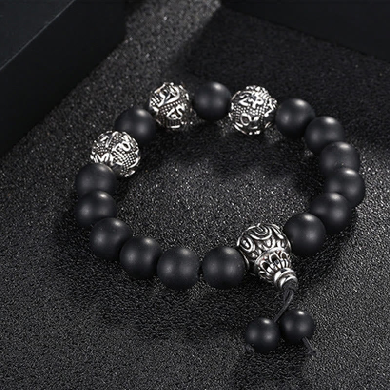 Pulsera de protección Om Mani Padme Hum de seis palabras verdaderas con Buddha Stones, ojo de tigre natural, roca de lava, obsidiana negra y acero de titanio