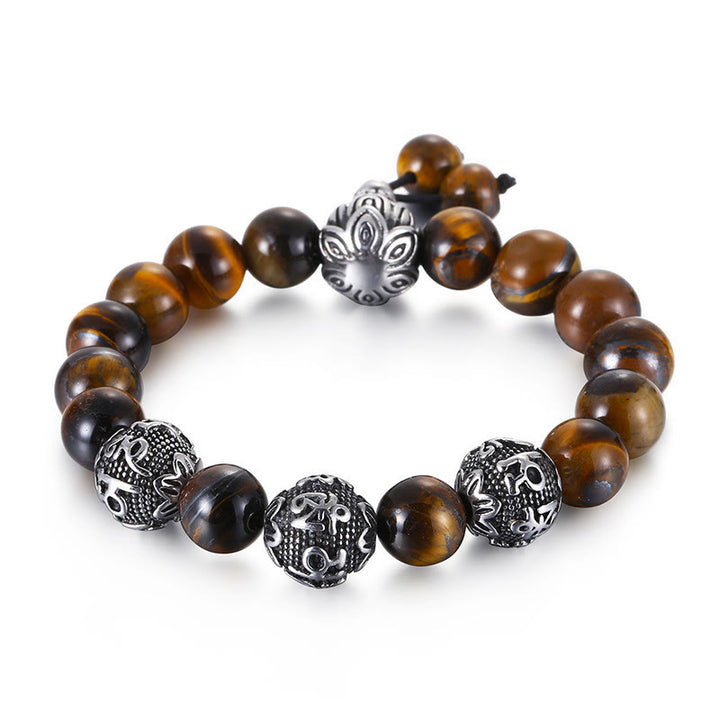 Pulsera de protección Om Mani Padme Hum de seis palabras verdaderas con Buddha Stones, ojo de tigre natural, roca de lava, obsidiana negra y acero de titanio