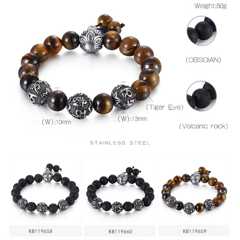 Pulsera de protección Om Mani Padme Hum de seis palabras verdaderas con Buddha Stones, ojo de tigre natural, roca de lava, obsidiana negra y acero de titanio