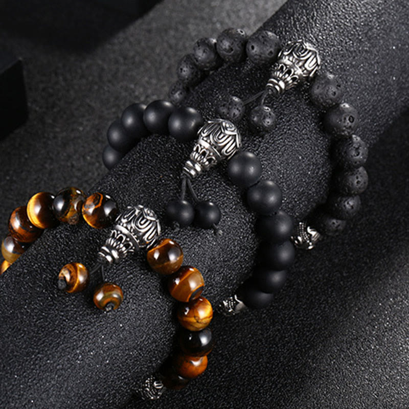 Pulsera de protección Om Mani Padme Hum de seis palabras verdaderas con Buddha Stones, ojo de tigre natural, roca de lava, obsidiana negra y acero de titanio