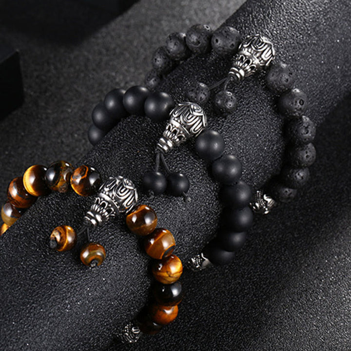 Pulsera de protección Om Mani Padme Hum de seis palabras verdaderas con Buddha Stones, ojo de tigre natural, roca de lava, obsidiana negra y acero de titanio