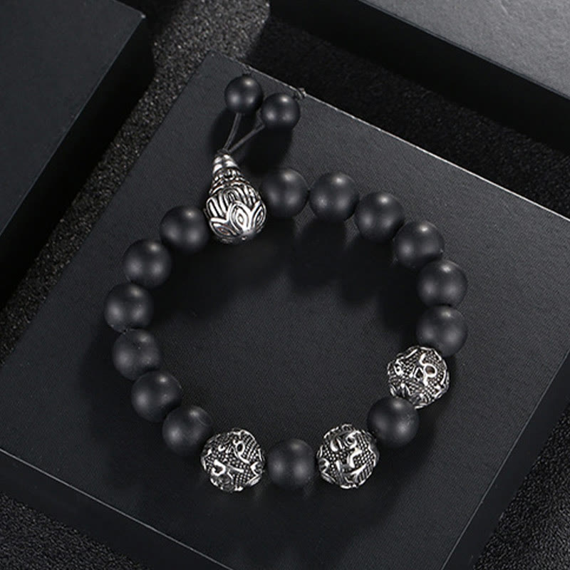 Pulsera de protección Om Mani Padme Hum de seis palabras verdaderas con Buddha Stones, ojo de tigre natural, roca de lava, obsidiana negra y acero de titanio