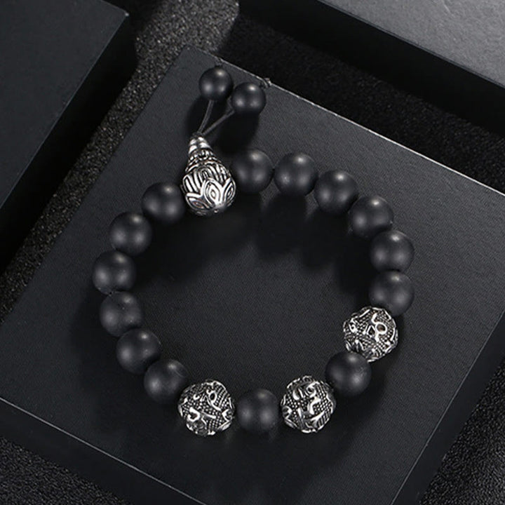 Pulsera de protección Om Mani Padme Hum de seis palabras verdaderas con Buddha Stones, ojo de tigre natural, roca de lava, obsidiana negra y acero de titanio