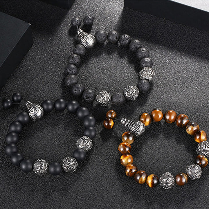 Pulsera de protección Om Mani Padme Hum de seis palabras verdaderas con Buddha Stones, ojo de tigre natural, roca de lava, obsidiana negra y acero de titanio