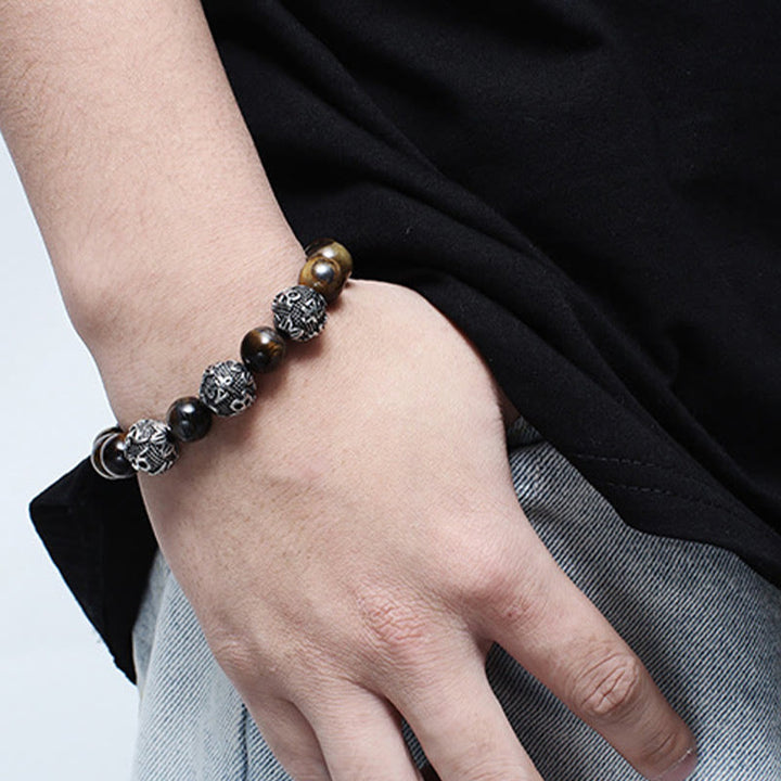 Pulsera de protección Om Mani Padme Hum de seis palabras verdaderas con Buddha Stones, ojo de tigre natural, roca de lava, obsidiana negra y acero de titanio