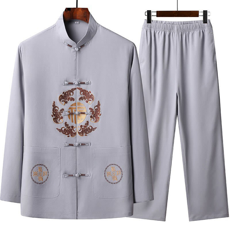 Traje Fu Tang bordado de Año Nuevo chino con Buddha Stones, conjunto de pantalones y camiseta de manga larga de Hanfu para hombre - Cardo - US/UK/AU44, EU54 (4XL) - image 1