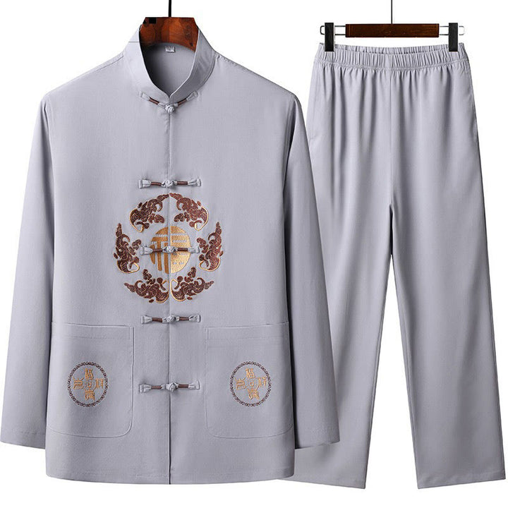 Traje Fu Tang bordado de Año Nuevo chino con Buddha Stones, conjunto de pantalones y camiseta de manga larga de Hanfu para hombre - Cardo - US/UK/AU44, EU54 (4XL) - image 1