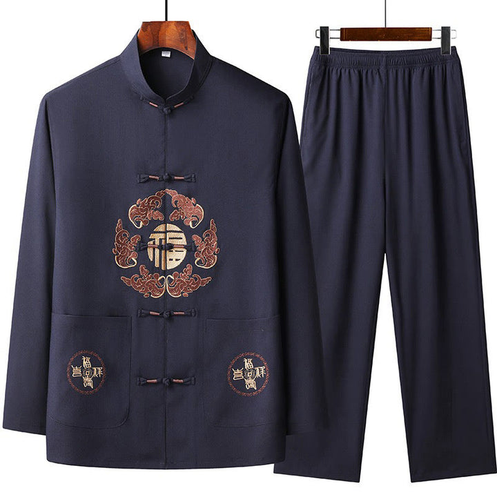 Traje Fu Tang bordado de Año Nuevo chino con Buddha Stones, conjunto de pantalones y camiseta de manga larga de Hanfu para hombre - Azul medianoche - US/UK/AU44, EU54 (4XL) - image 2