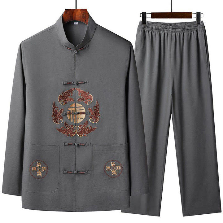 Traje Fu Tang bordado de Año Nuevo chino con Buddha Stones, conjunto de pantalones y camiseta de manga larga de Hanfu para hombre - Gris oscuro - US/UK/AU44, EU54 (4XL) - image 4