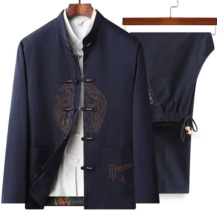 Traje Tang bordado con Buddha Stones para Año Nuevo chino, uniforme tradicional Hanfu, camiseta de manga larga, pantalones, conjunto para hombre - Top y pantalón azul oscuro - US/UK/AU46, EU56 (5XL) - image 2