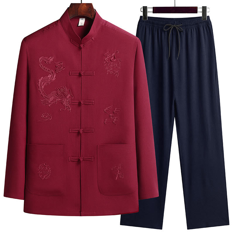 Traje Tang Hanfu de manga larga con botones y dragón y rana bordados con Buddha Stones para Año Nuevo chino, conjunto de ropa para hombre - Rojo - US/UK/AU44, EU54 (4XL) - image 0