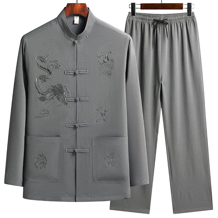 Traje Tang Hanfu de manga larga con botones y dragón y rana bordados con Buddha Stones para Año Nuevo chino, conjunto de ropa para hombre - Verde mar oscuro - US/UK/AU44, EU54 (4XL) - image 15