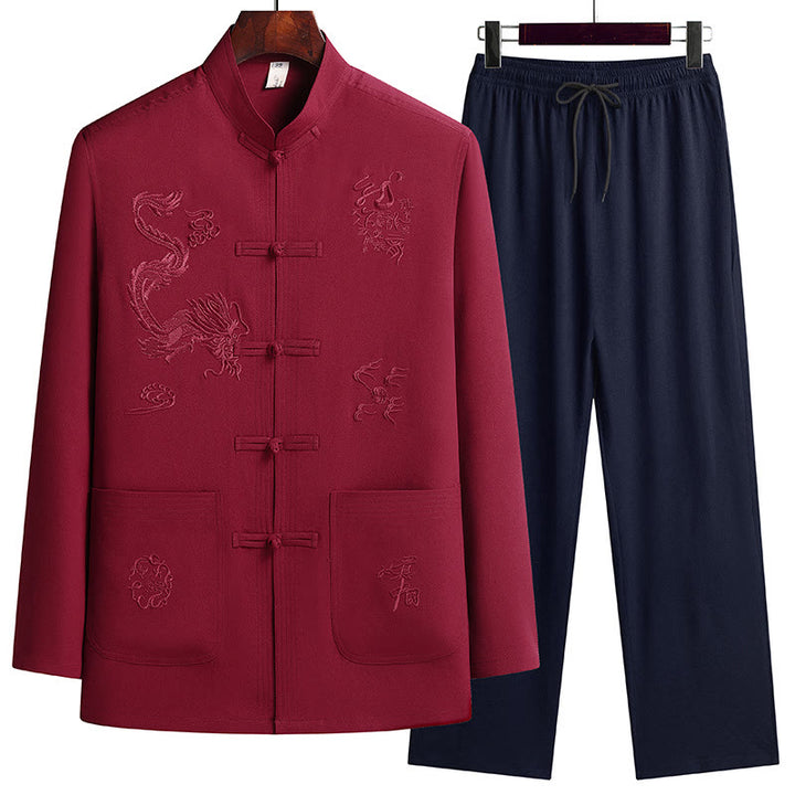 Traje Tang Hanfu de manga larga con botones y dragón y rana bordados con Buddha Stones para Año Nuevo chino, conjunto de ropa para hombre - Rojo - US/UK/AU44, EU54 (4XL) - image 0