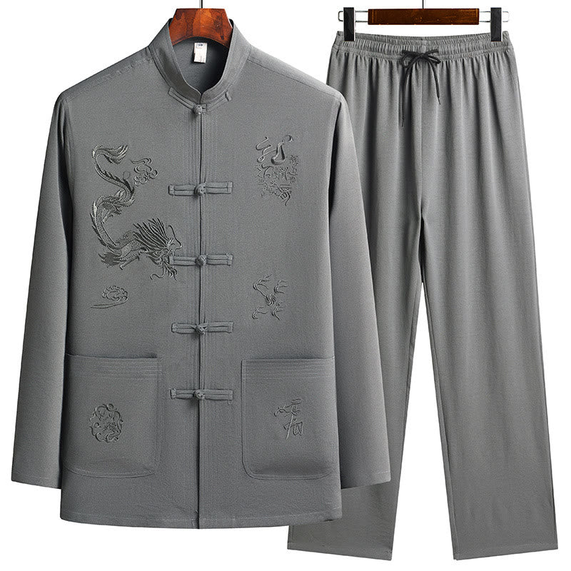 Traje Tang Hanfu de manga larga con botones y dragón y rana bordados con Buddha Stones para Año Nuevo chino, conjunto de ropa para hombre - Verde mar oscuro - US/UK/AU44, EU54 (4XL) - image 15