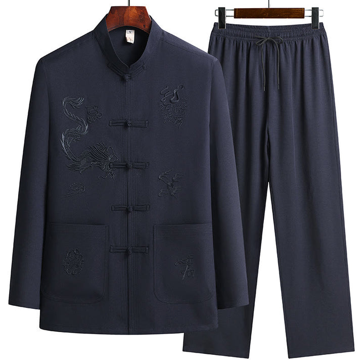 Traje Tang Hanfu de manga larga con botones y dragón y rana bordados con Buddha Stones para Año Nuevo chino, conjunto de ropa para hombre - Azul oscuro - US/UK/AU44, EU54 (4XL) - image 8