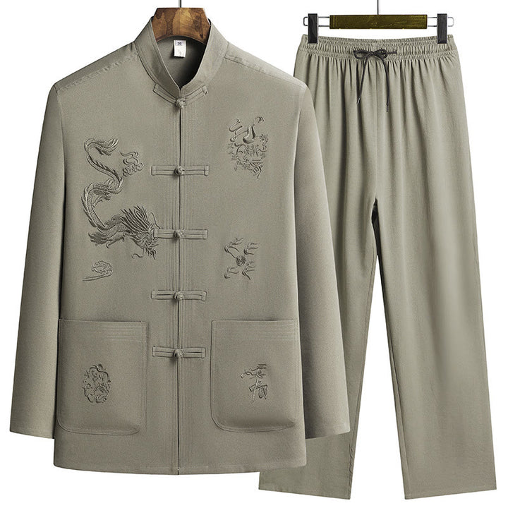 Traje Tang Hanfu de manga larga con botones y dragón y rana bordados con Buddha Stones para Año Nuevo chino, conjunto de ropa para hombre - AmarilloVerde - US/UK/AU44, EU54 (4XL) - image 19