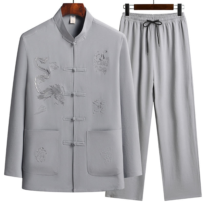 Traje Tang Hanfu de manga larga con botones y dragón y rana bordados con Buddha Stones para Año Nuevo chino, conjunto de ropa para hombre - Gris oscuro - US/UK/AU44, EU54 (4XL) - image 10