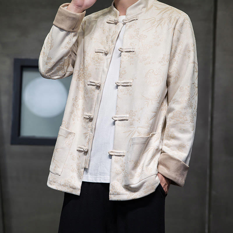 Buddha Stones , flores, bambú, puños de color sólido, botones de rana, traje Tang, chaqueta de algodón para hombre, camisa con bolsillos - image 49